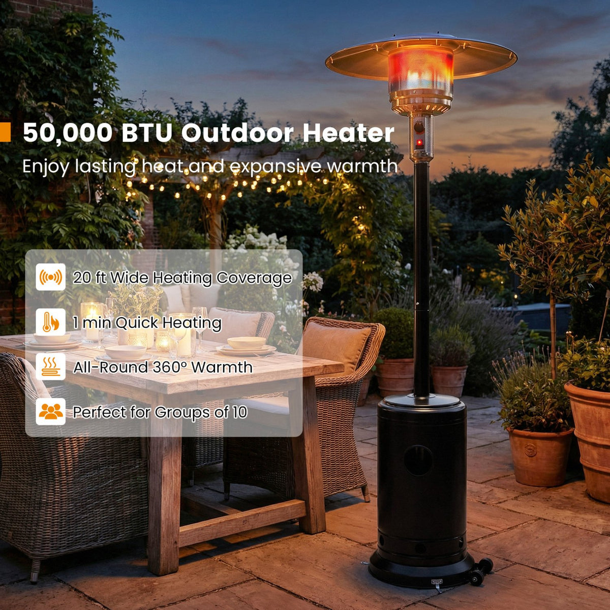 50 000 BTU Patio Propane Gas Heater with Stainless Steel Burner-Black view 6