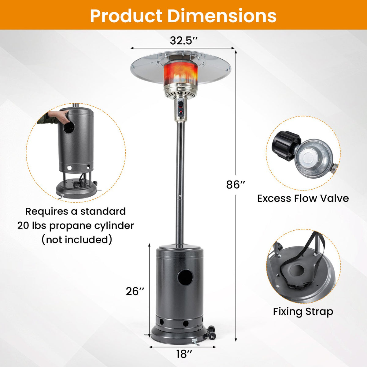 50 000 BTU Patio Propane Gas Heater with Stainless Steel Burner-Gray view 4