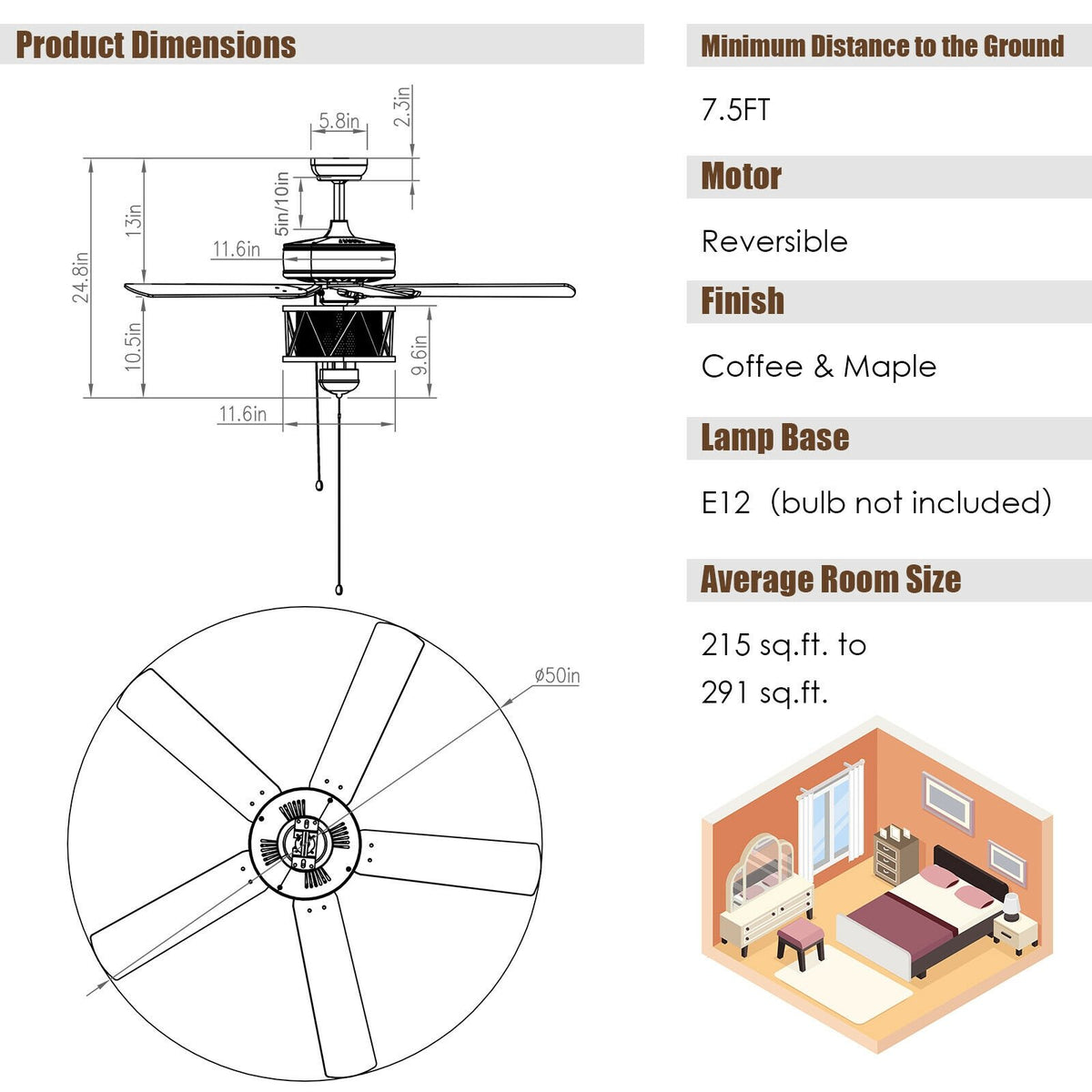 50 Inches Ceiling Fan with Lights Reversible Blades and Pull Chain Control-Black view 4