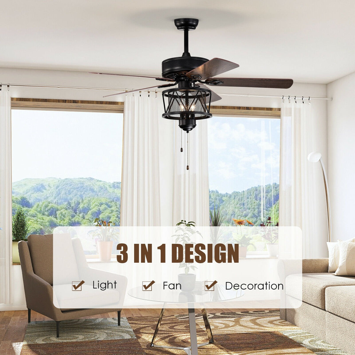 50 Inches Ceiling Fan with Lights Reversible Blades and Pull Chain Control-Black view 5