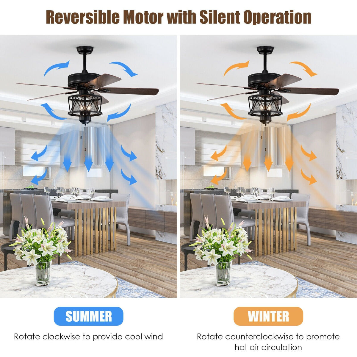 50 Inches Ceiling Fan with Lights Reversible Blades and Pull Chain Control-Black view 6