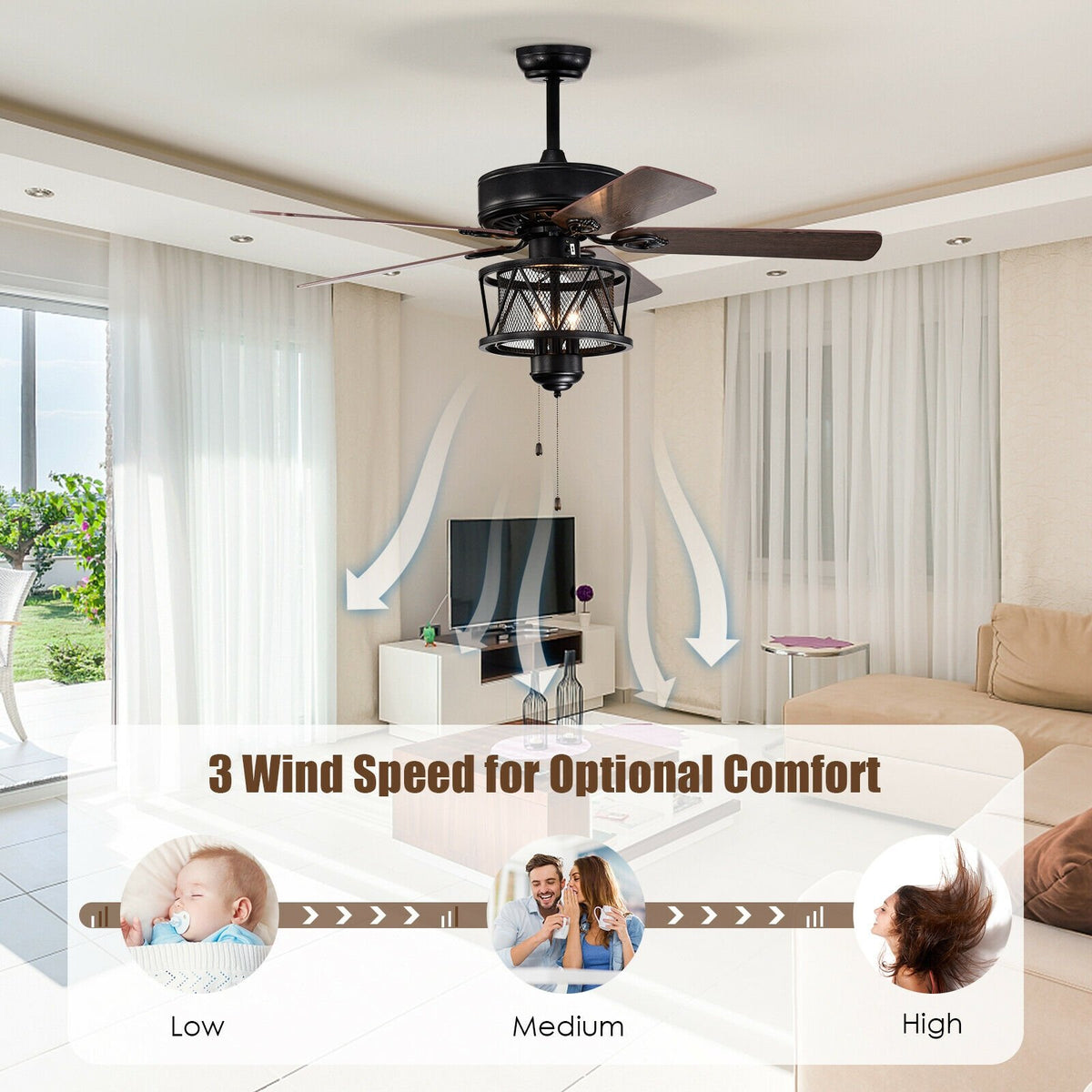 50 Inches Ceiling Fan with Lights Reversible Blades and Pull Chain Control-Black view 7