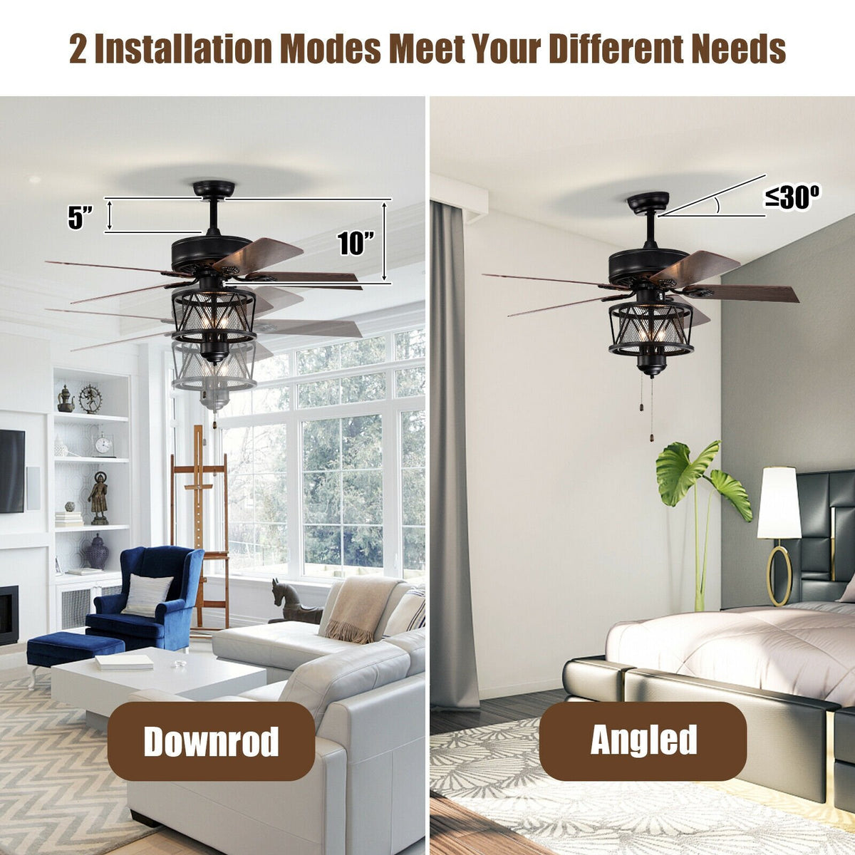 50 Inches Ceiling Fan with Lights Reversible Blades and Pull Chain Control-Black view 8
