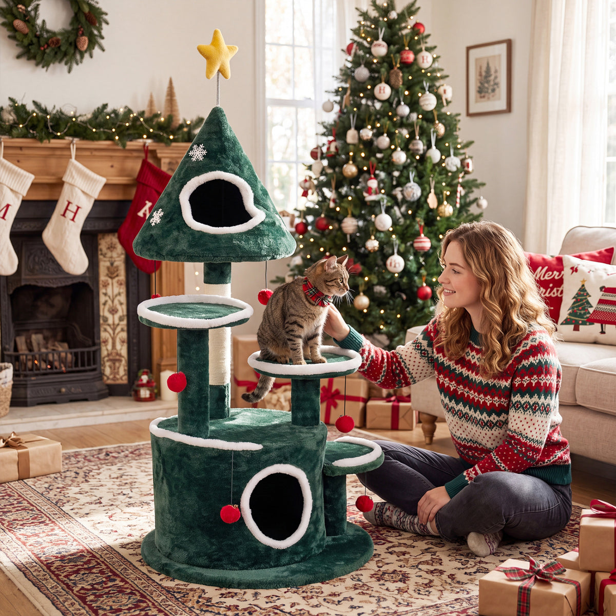 50 inches Christmas Cat Tree with 2 Condos and Sisal Scratching Post-Green view 2