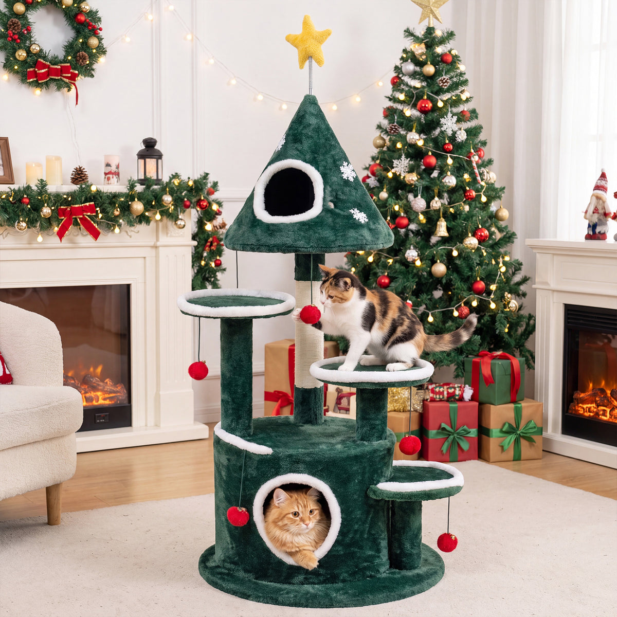 50 inches Christmas Cat Tree with 2 Condos and Sisal Scratching Post-Green view 3