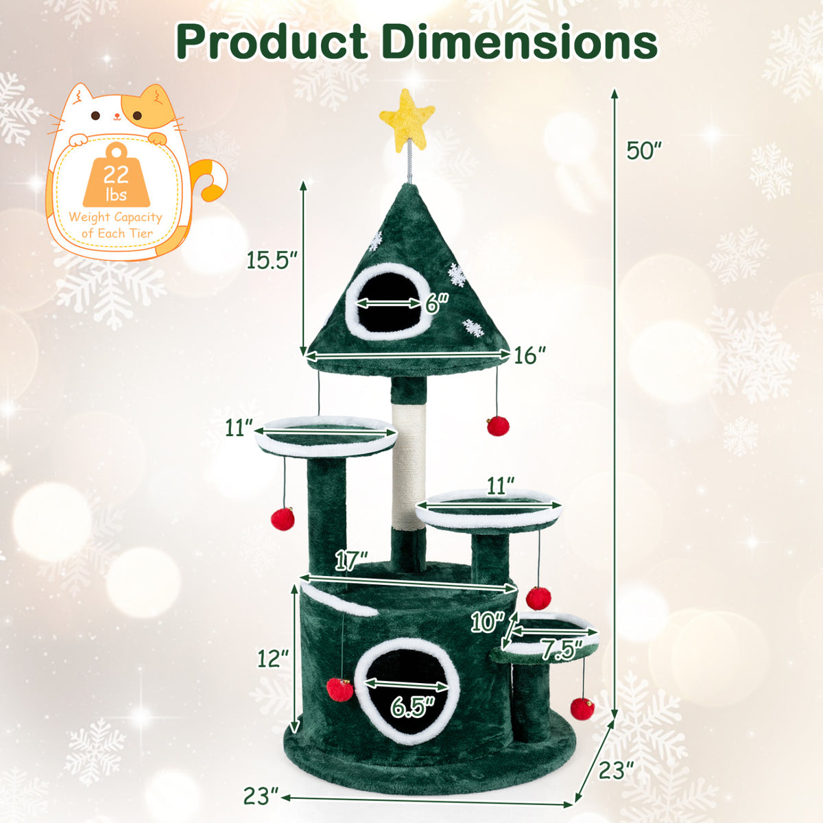 50 inches Christmas Cat Tree with 2 Condos and Sisal Scratching Post-Green view 5