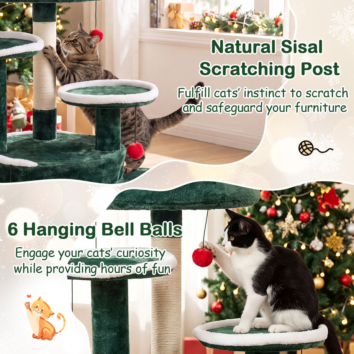 50 inches Christmas Cat Tree with 2 Condos and Sisal Scratching Post-Green view 9