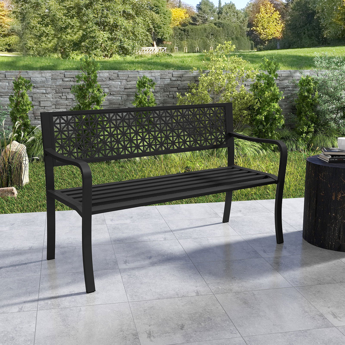 50 Inch Garden Bench with Patterned Backrest and Curved Armrests for 2-3 Person-Black view 2