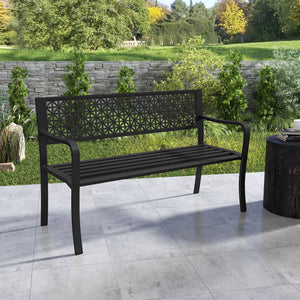 50 Inch Garden Bench with Patterned Backrest and Curved Armrests for 2-3 Person-Black view 2