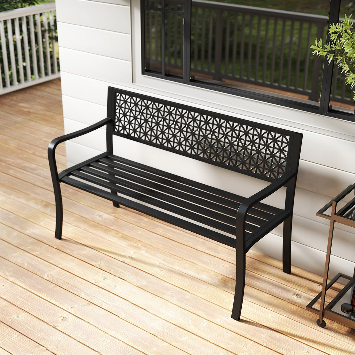 50 Inch Garden Bench with Patterned Backrest and Curved Armrests for 2-3 Person-Black view 3