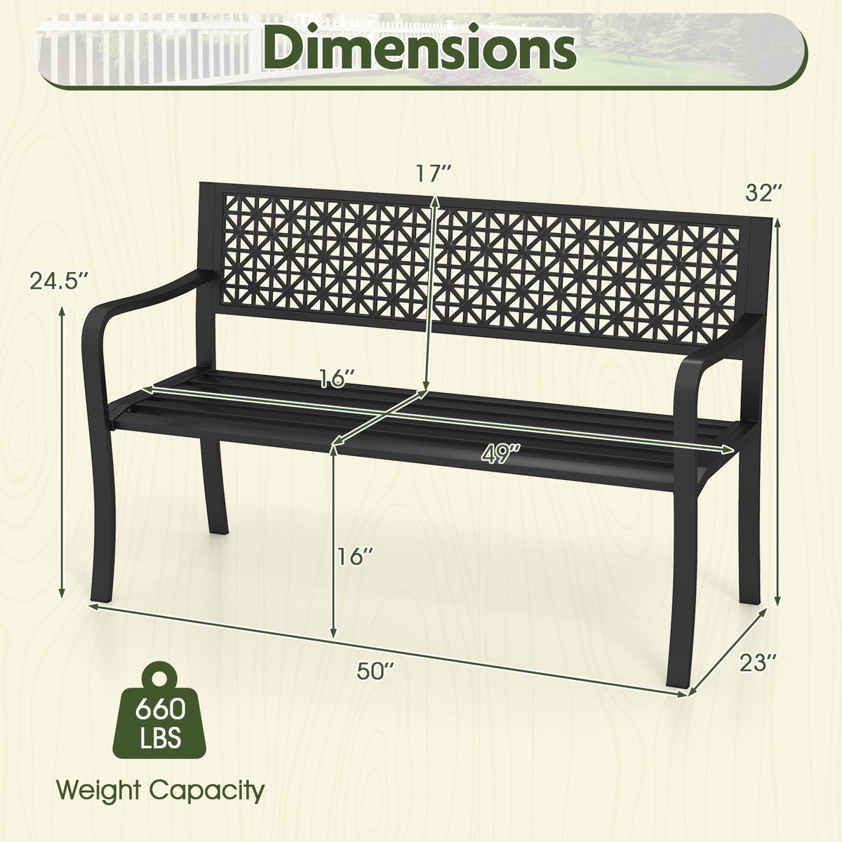50 Inch Garden Bench with Patterned Backrest and Curved Armrests for 2-3 Person-Black view 5