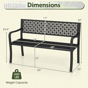 50 Inch Garden Bench with Patterned Backrest and Curved Armrests for 2-3 Person-Black view 5