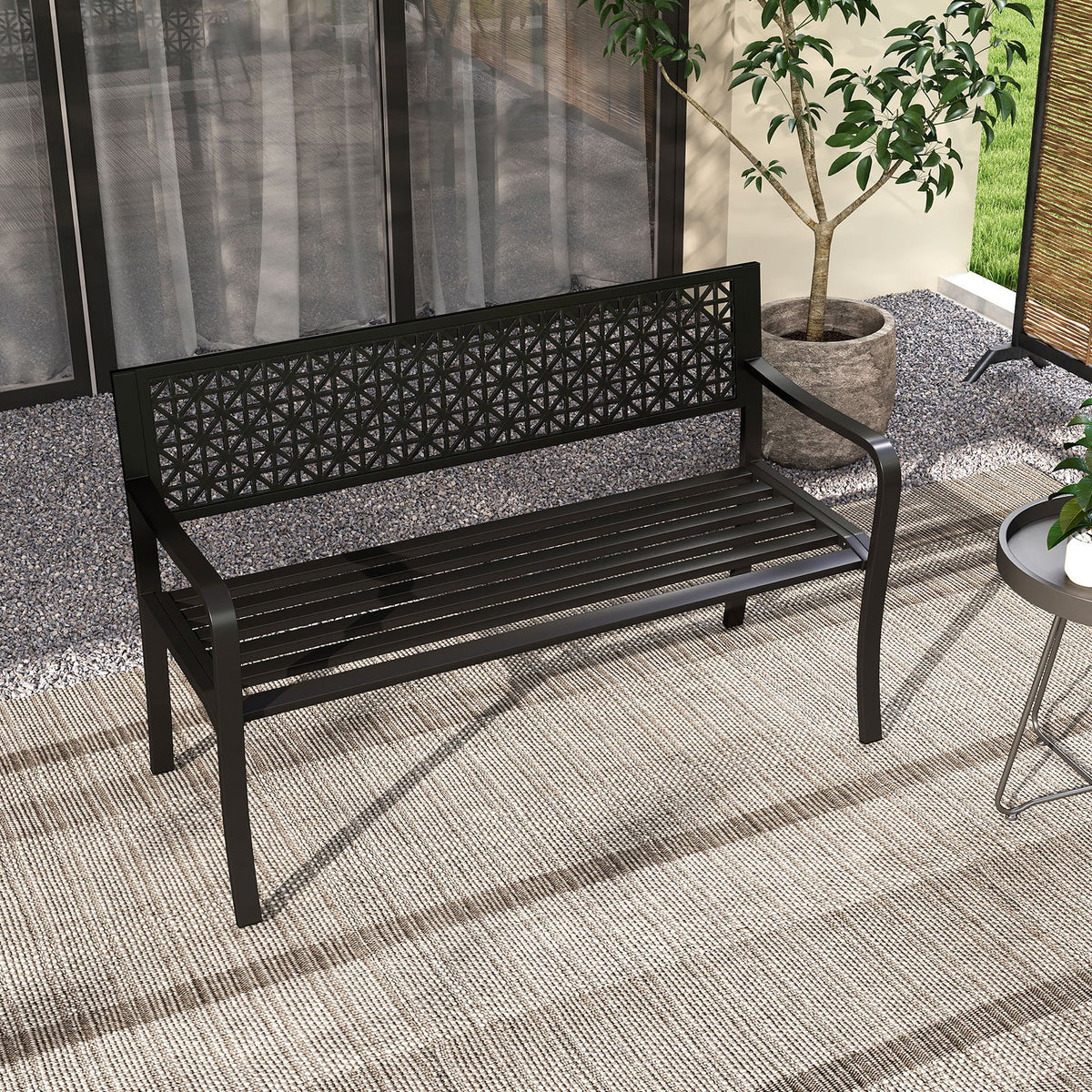 50 Inch Garden Bench with Patterned Backrest and Curved Armrests for 2-3 Person-Black view 6