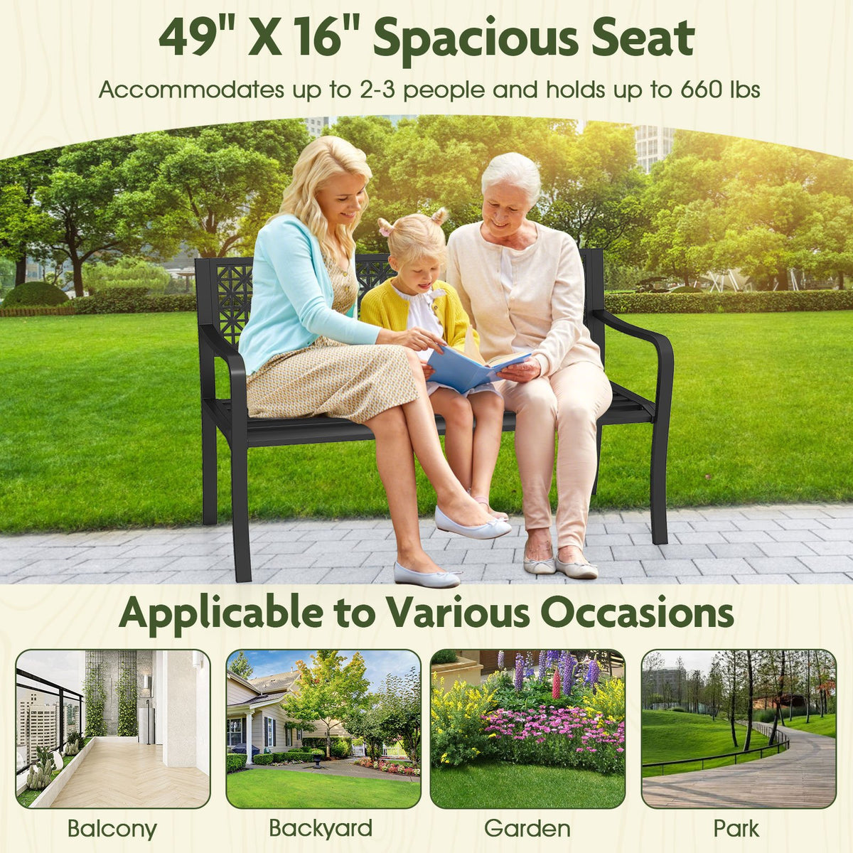 50 Inch Garden Bench with Patterned Backrest and Curved Armrests for 2-3 Person-Black view 7