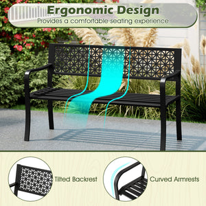 50 Inch Garden Bench with Patterned Backrest and Curved Armrests for 2-3 Person-Black view 8