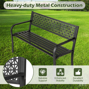 50 Inch Garden Bench with Patterned Backrest and Curved Armrests for 2-3 Person-Black view 9