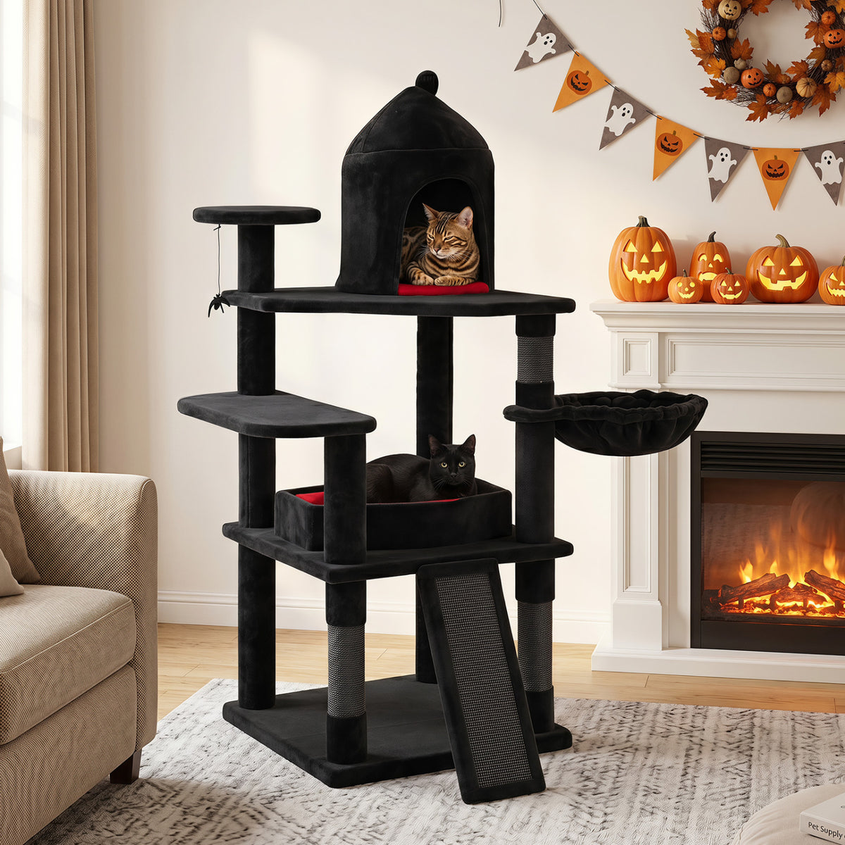50 Inch Gothic Multi-level Cat Tree with House for Indoor Cats view 3