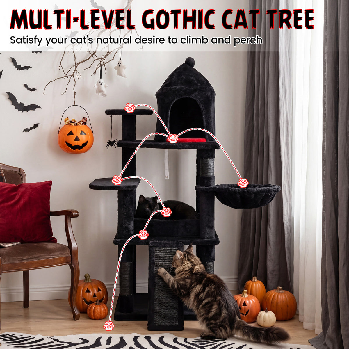 50 Inch Gothic Multi-level Cat Tree with House for Indoor Cats view 6
