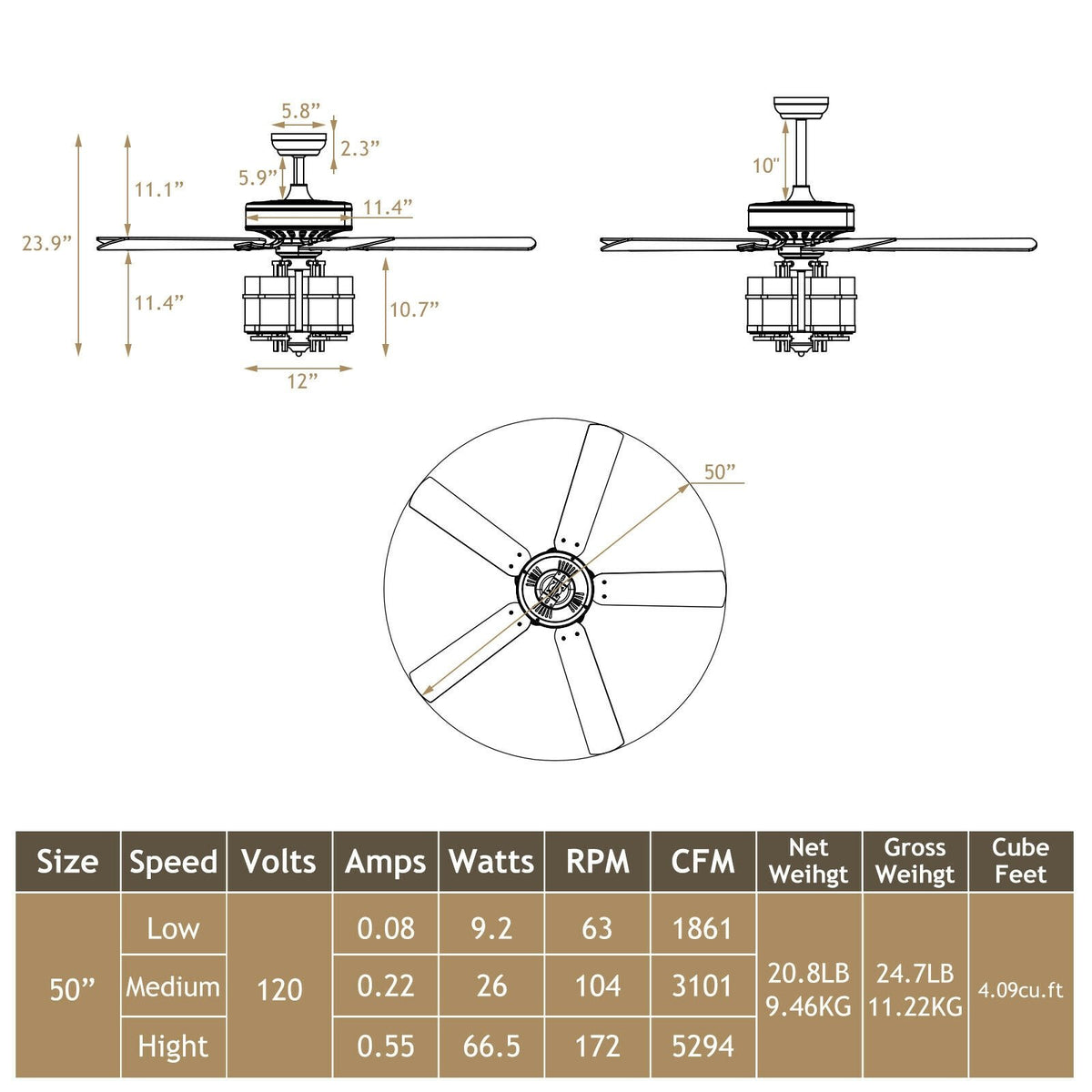 50 Inch Noiseless Ceiling Fan Light with Explosion-proof Glass Lampshades-Black view 3