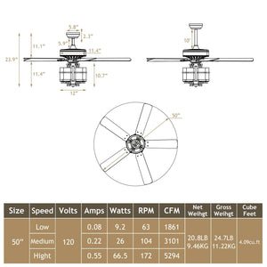 50 Inch Noiseless Ceiling Fan Light with Explosion-proof Glass Lampshades-Black view 3