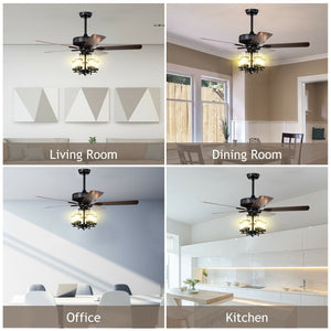 50 Inch Noiseless Ceiling Fan Light with Explosion-proof Glass Lampshades-Black view 4