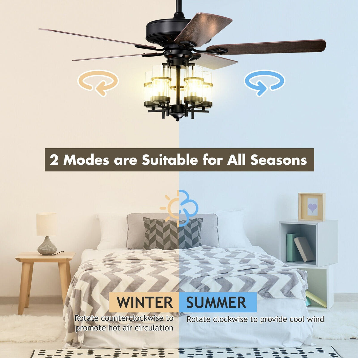 50 Inch Noiseless Ceiling Fan Light with Explosion-proof Glass Lampshades-Black view 5