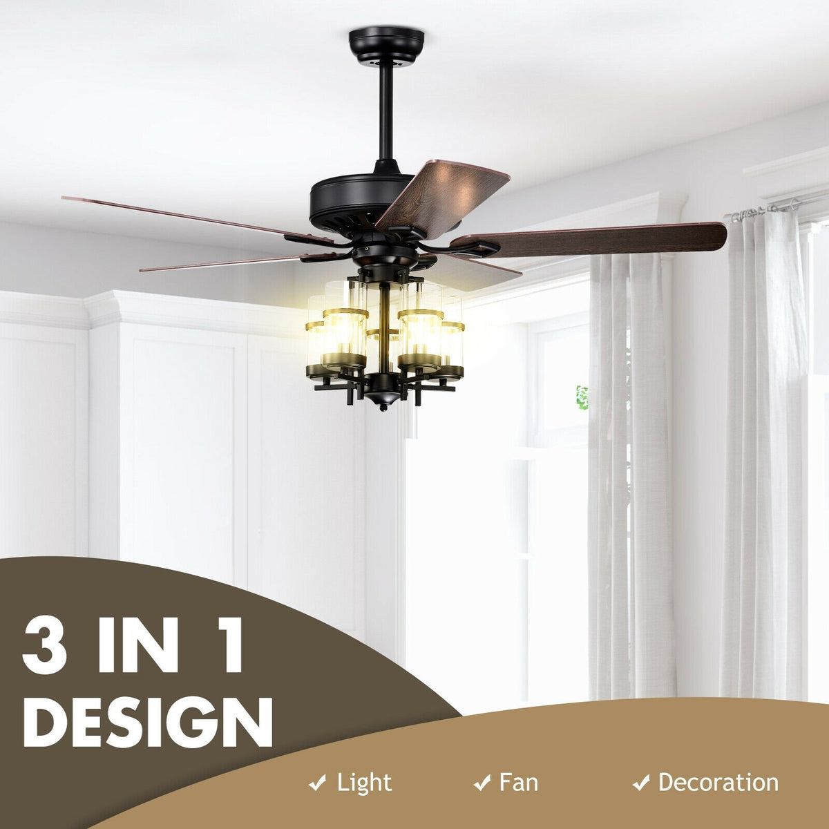 50 Inch Noiseless Ceiling Fan Light with Explosion-proof Glass Lampshades-Black view 6