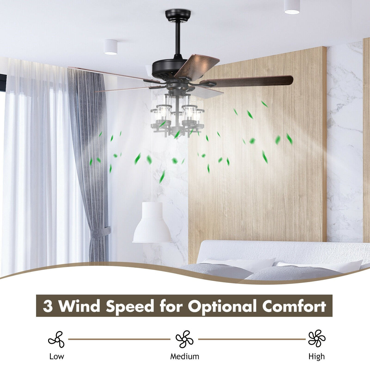 50 Inch Noiseless Ceiling Fan Light with Explosion-proof Glass Lampshades-Black view 8