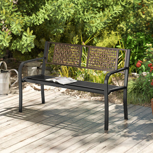 50 Inch Outdoor Metal Garden Bench with Rattan-Like Backrest for 2-3 People-Black view 2