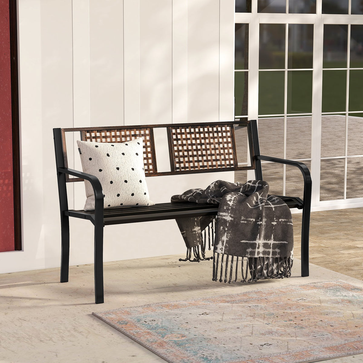 50 Inch Outdoor Metal Garden Bench with Rattan-Like Backrest for 2-3 People-Black view 3