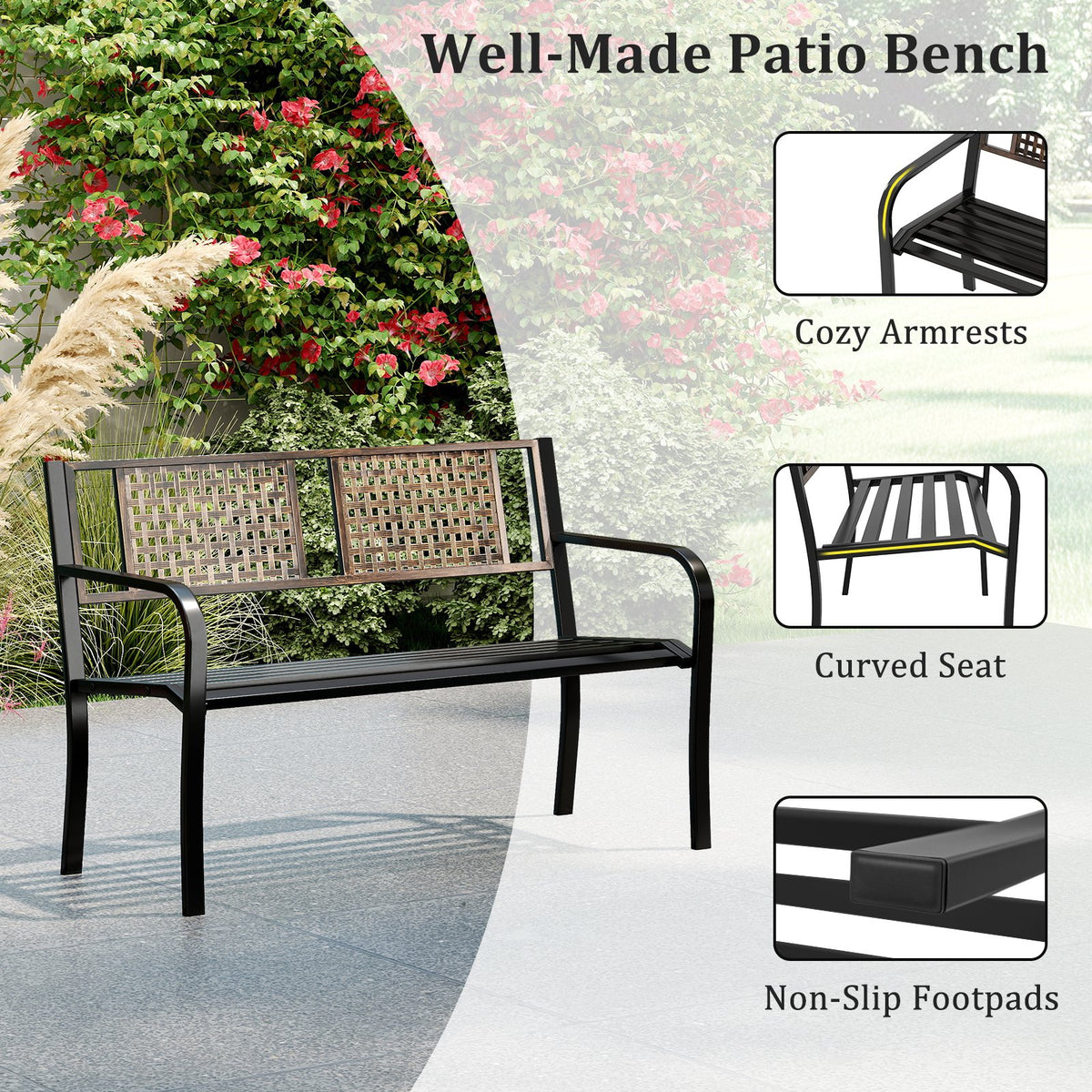 50 Inch Outdoor Metal Garden Bench with Rattan-Like Backrest for 2-3 People-Black view 7