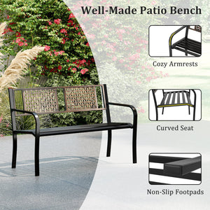 50 Inch Outdoor Metal Garden Bench with Rattan-Like Backrest for 2-3 People-Black view 7