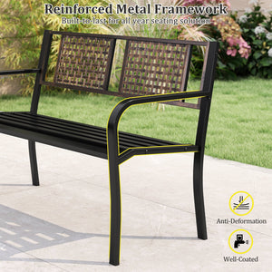 50 Inch Outdoor Metal Garden Bench with Rattan-Like Backrest for 2-3 People-Black view 8