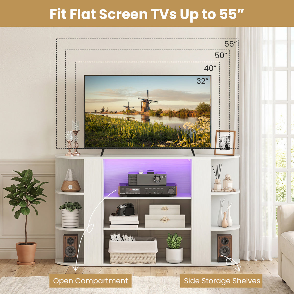 50 Inch TV Stand for 55 Inch TV with RGB Lights Entertainment Center with Adjustable and Removable Shelf-White view 9