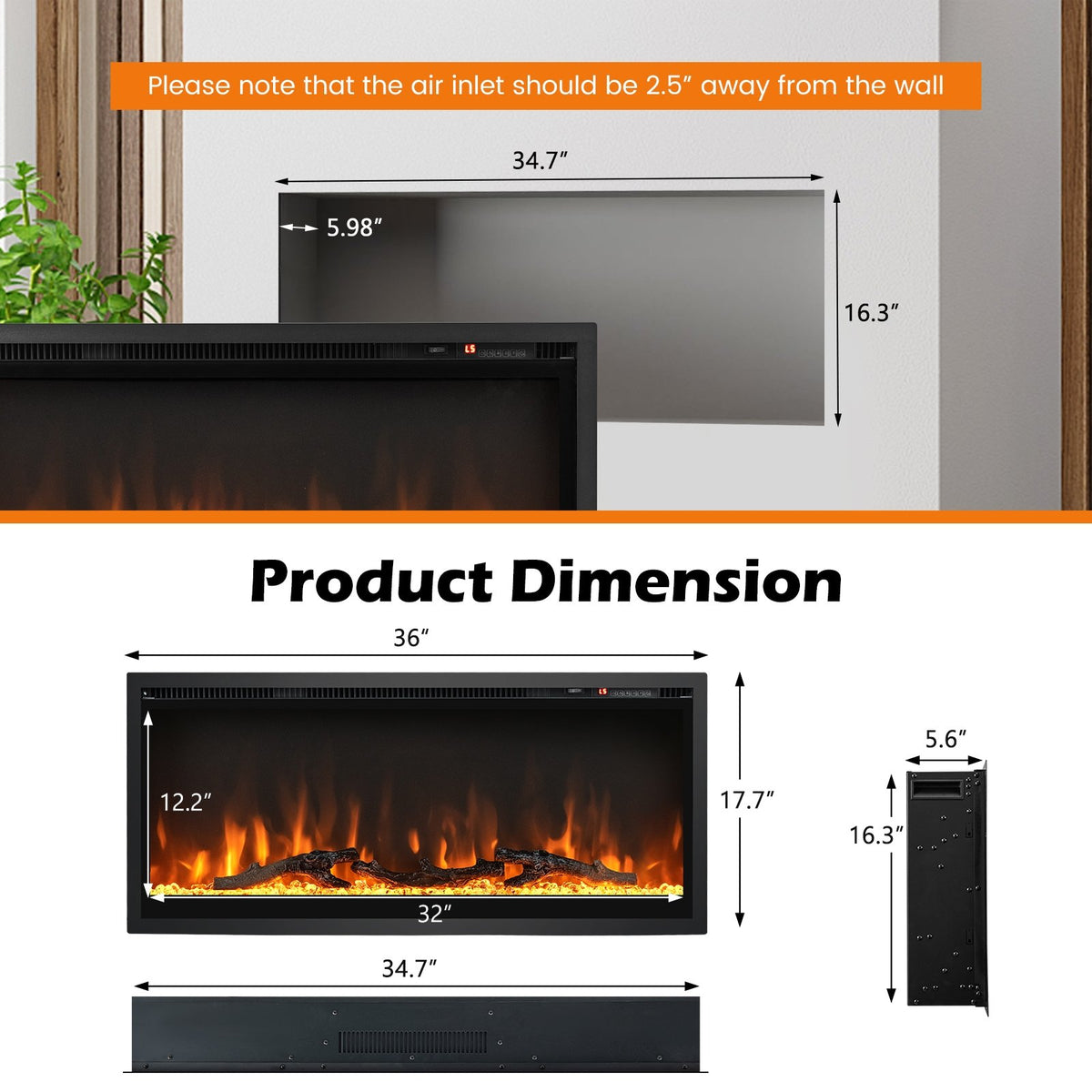 Electric Fireplace in-Wall Recessed with Remote Control and Adjustable Color and Brightness-36 inches view 4
