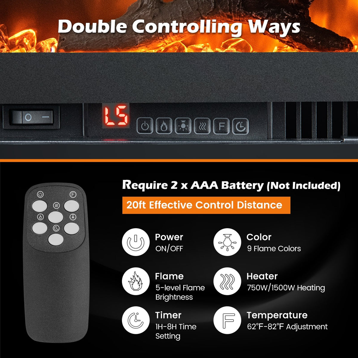 Electric Fireplace in-Wall Recessed with Remote Control and Adjustable Color and Brightness-36 inches view 5