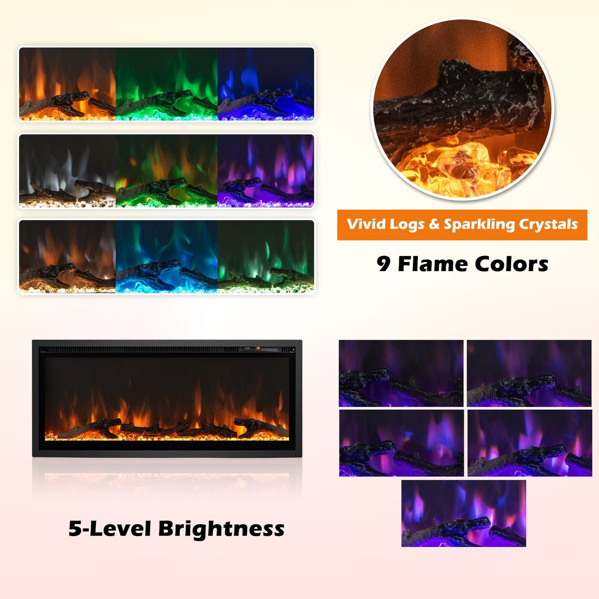 Electric Fireplace in-Wall Recessed with Remote Control and Adjustable Color and Brightness-42 inches view 6