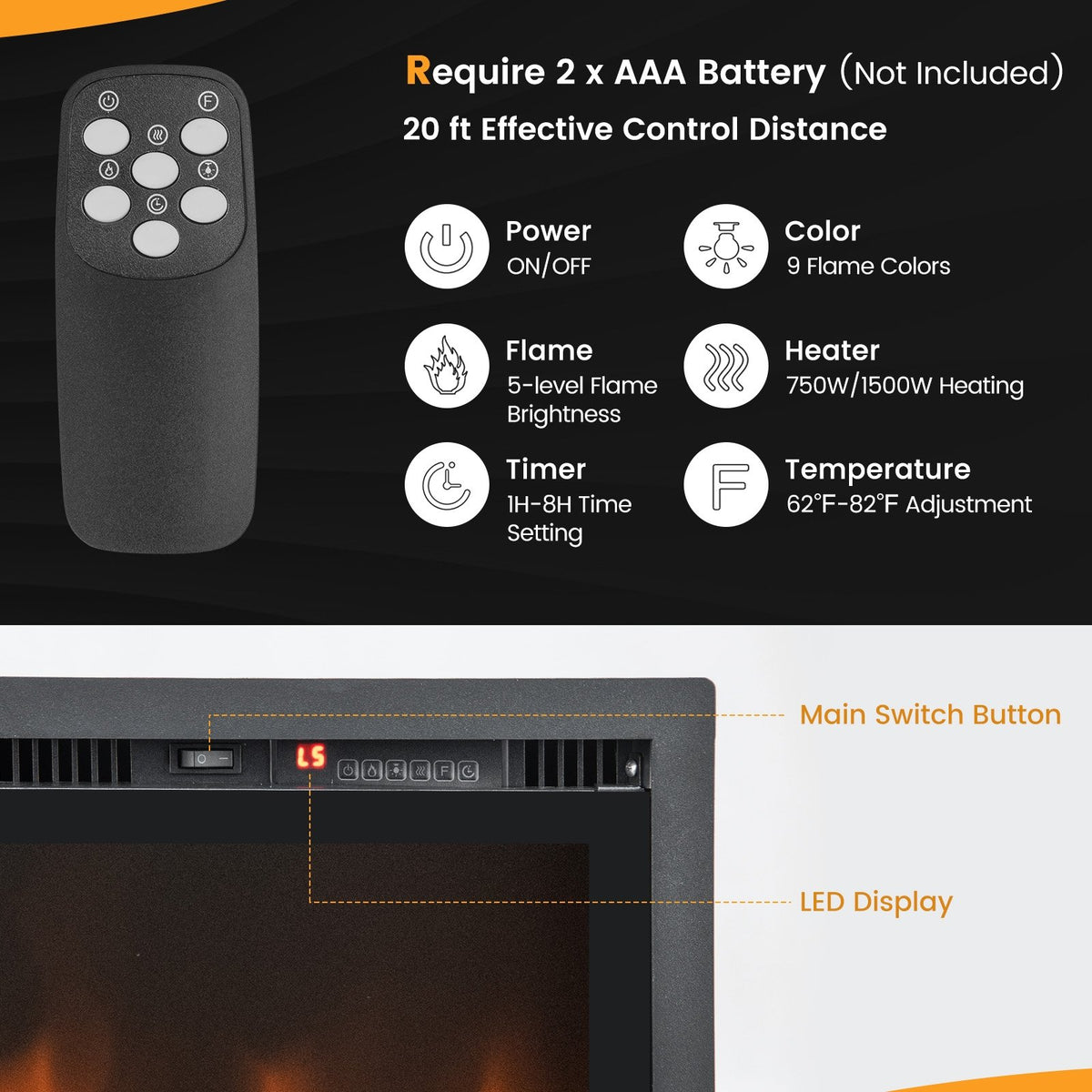 50 Inches Electric Fireplace in-Wall Recessed with Remote Control and Adjustable Color and Brightness-50 inches view 7