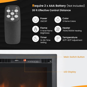 50 Inches Electric Fireplace in-Wall Recessed with Remote Control and Adjustable Color and Brightness-50 inches view 7