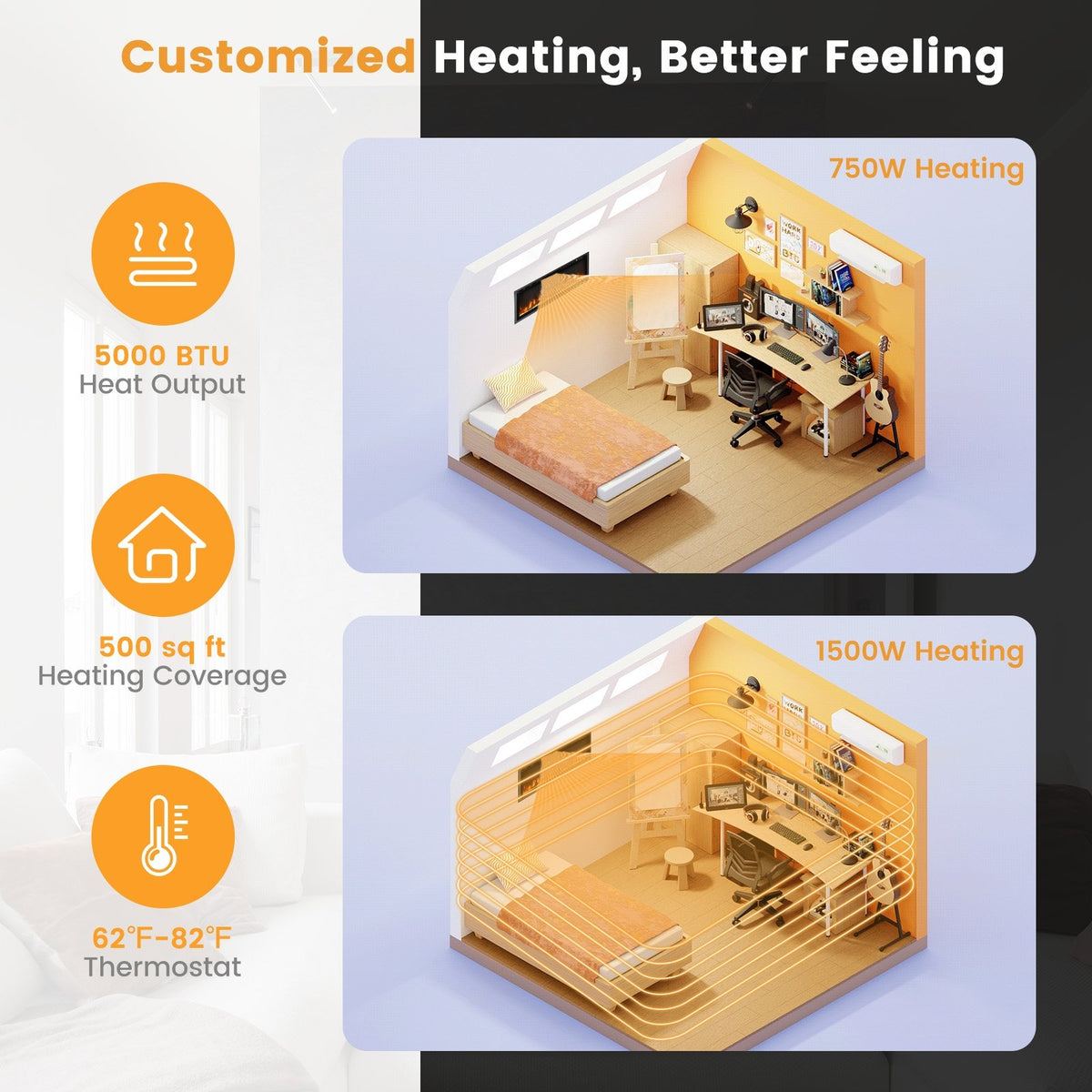 50 Inches Electric Fireplace in-Wall Recessed with Remote Control and Adjustable Color and Brightness-50 inches view 8