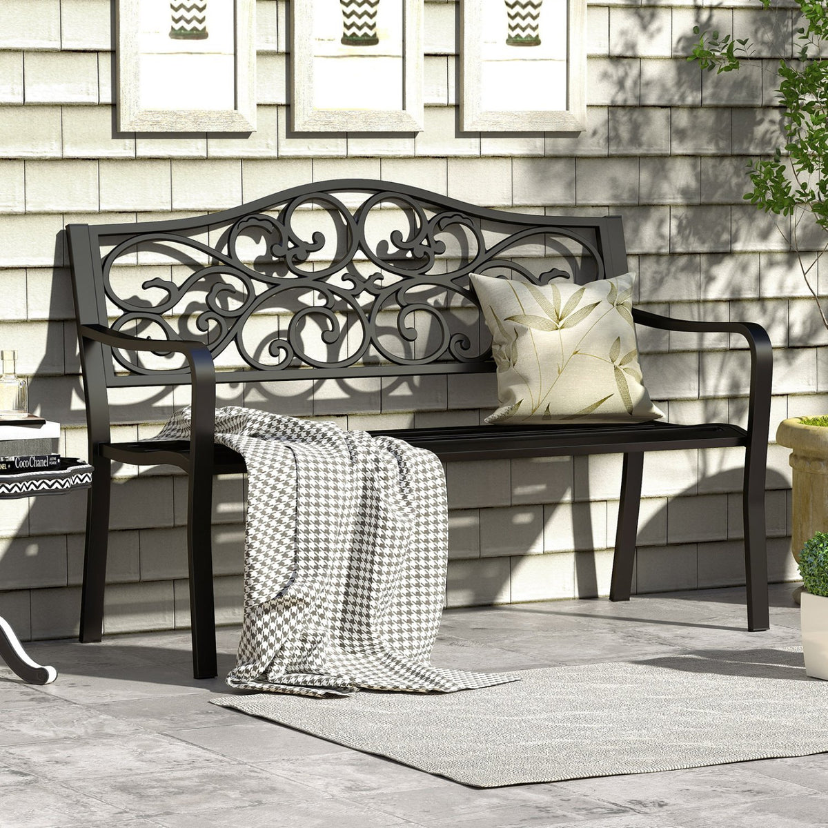 50 Inches Outdoor Cast Iron Metal Patio Bench with Floral Design Backrest and Slatted Seat-Black view 3