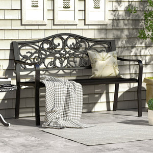 50 Inches Outdoor Cast Iron Metal Patio Bench with Floral Design Backrest and Slatted Seat-Black view 3