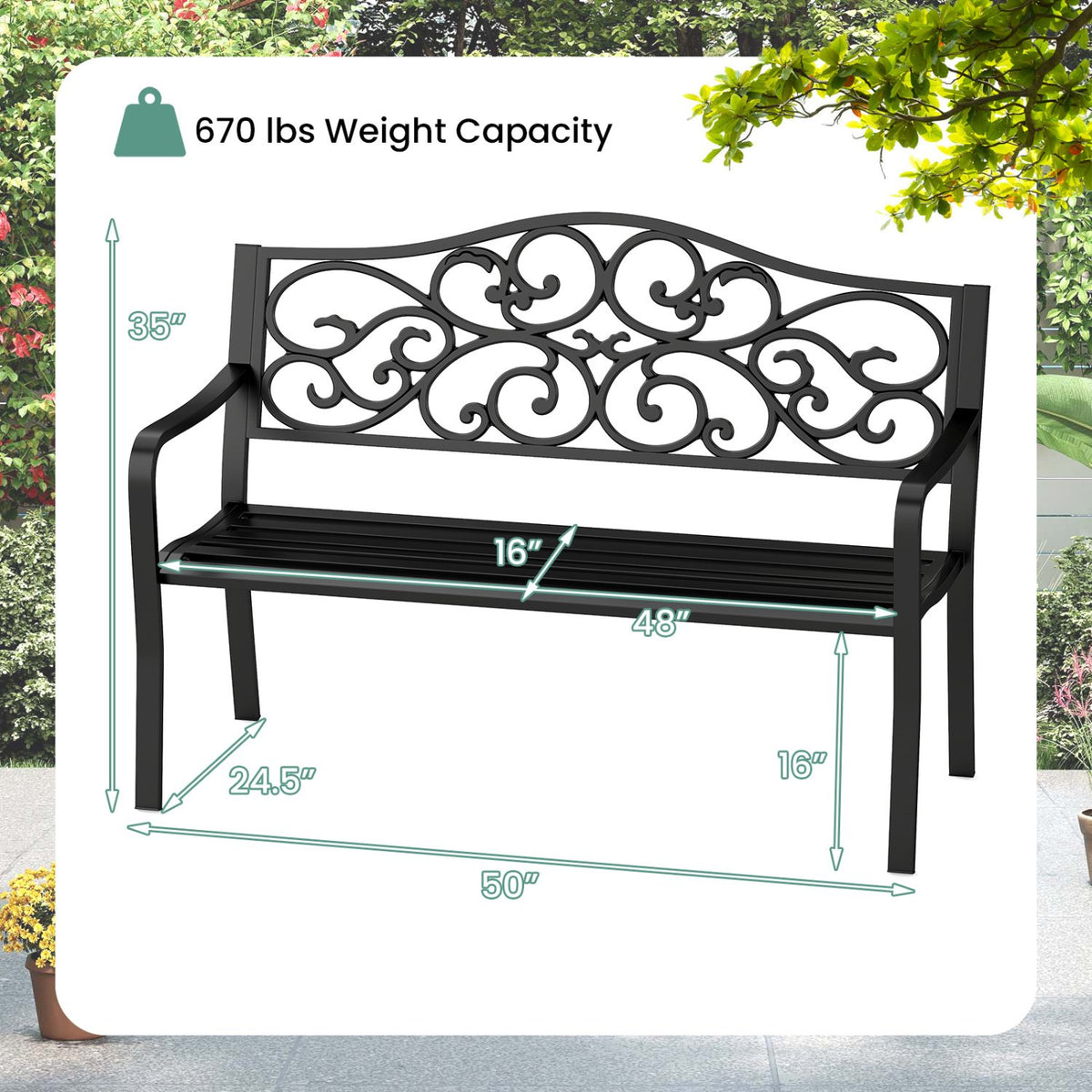 50 Inches Outdoor Cast Iron Metal Patio Bench with Floral Design Backrest and Slatted Seat-Black view 4