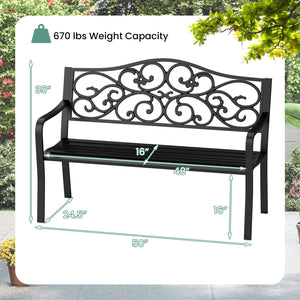 50 Inches Outdoor Cast Iron Metal Patio Bench with Floral Design Backrest and Slatted Seat-Black view 4