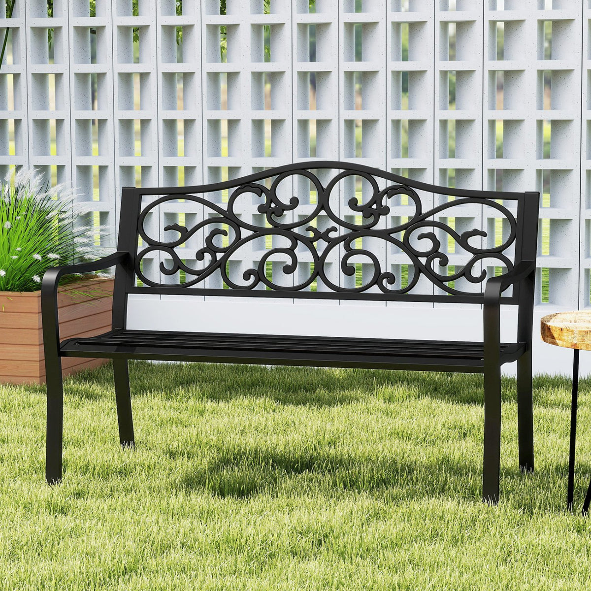 50 Inches Outdoor Cast Iron Metal Patio Bench with Floral Design Backrest and Slatted Seat-Black view 5
