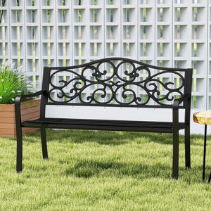 50 Inches Outdoor Cast Iron Metal Patio Bench with Floral Design Backrest and Slatted Seat-Black view 5
