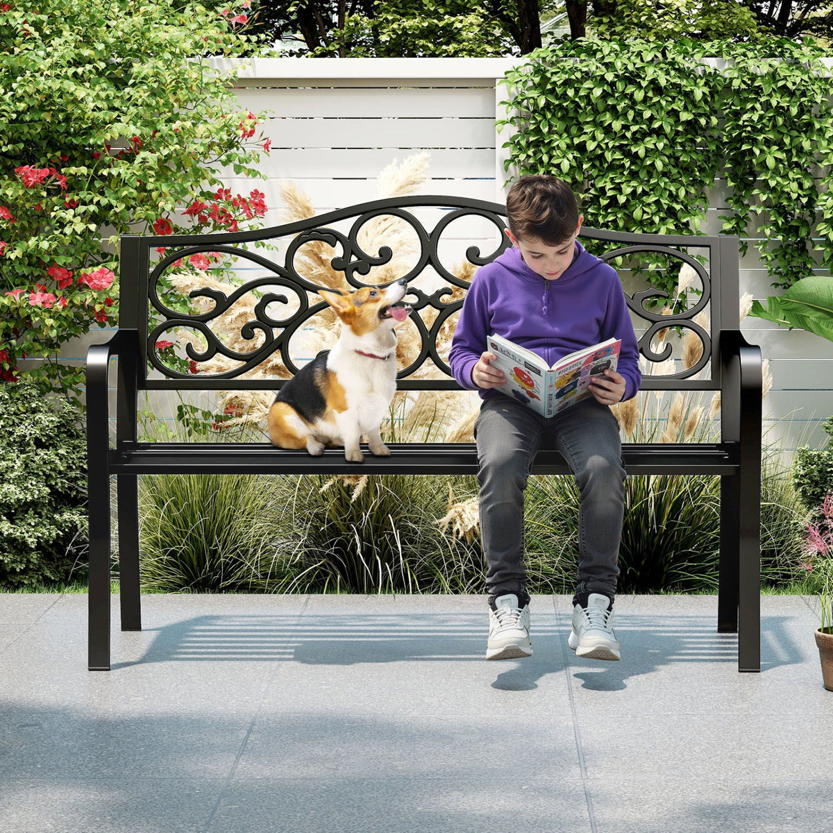 50 Inches Outdoor Cast Iron Metal Patio Bench with Floral Design Backrest and Slatted Seat-Black view 6
