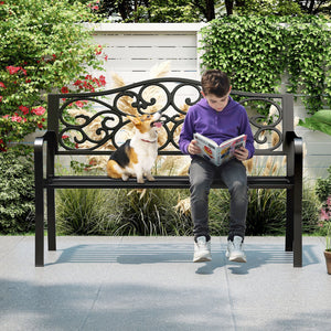 50 Inches Outdoor Cast Iron Metal Patio Bench with Floral Design Backrest and Slatted Seat-Black view 6