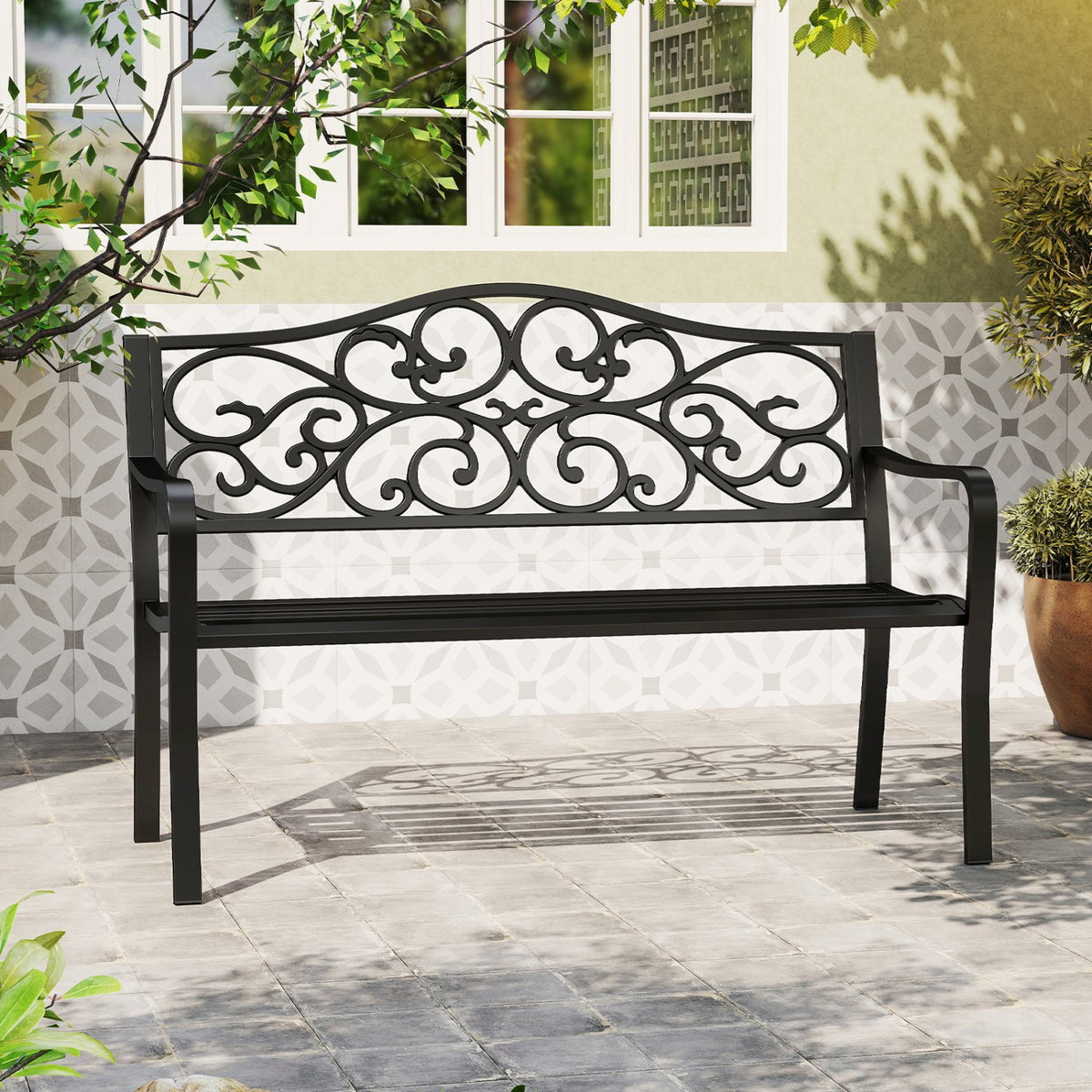 50 Inches Outdoor Cast Iron Metal Patio Bench with Floral Design Backrest and Slatted Seat-Black view 7