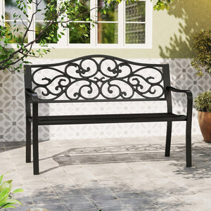50 Inches Outdoor Cast Iron Metal Patio Bench with Floral Design Backrest and Slatted Seat-Black view 7